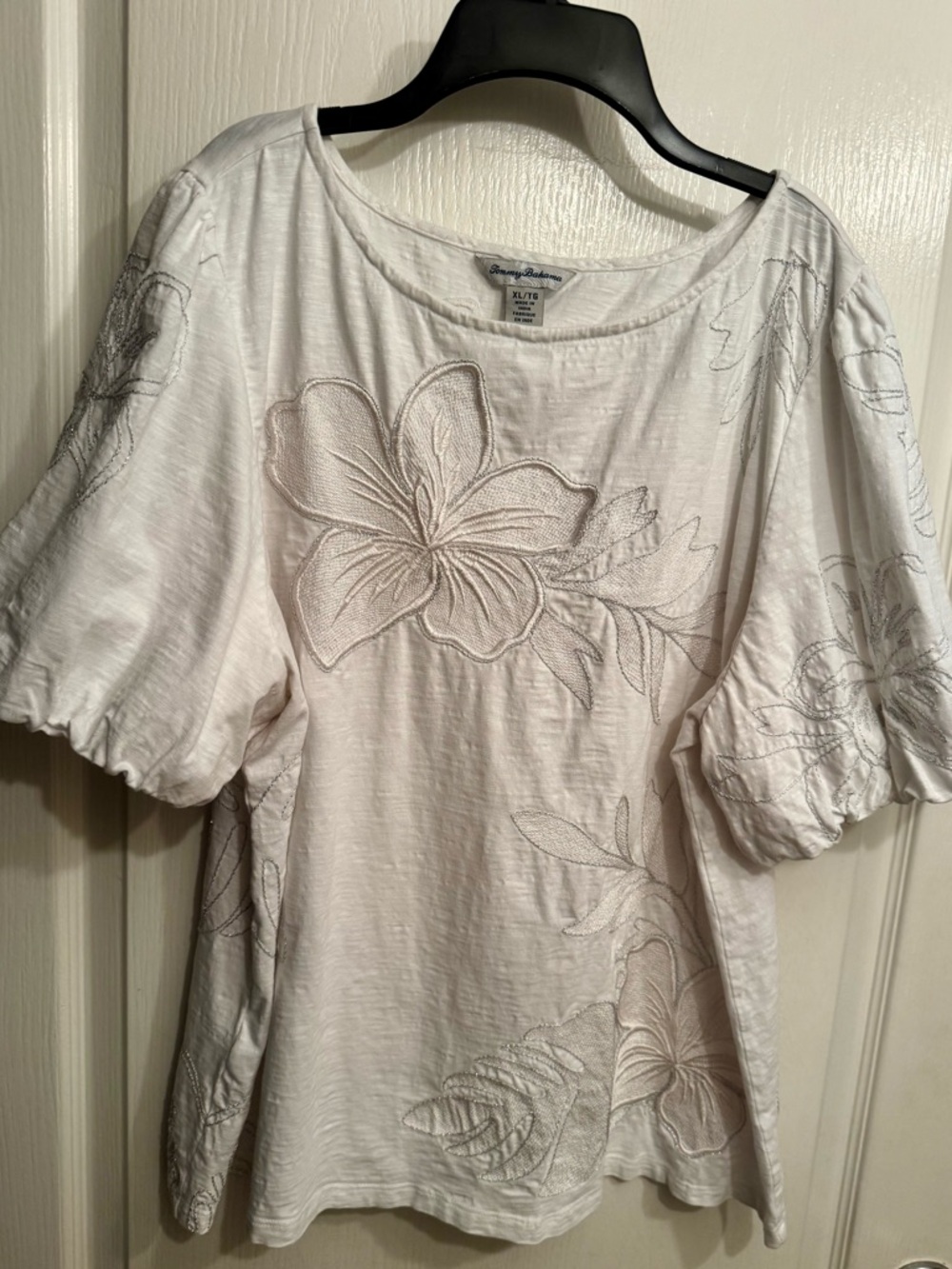 Tommy Bahama White Floral Embroidered Puff Sleeve Tunic